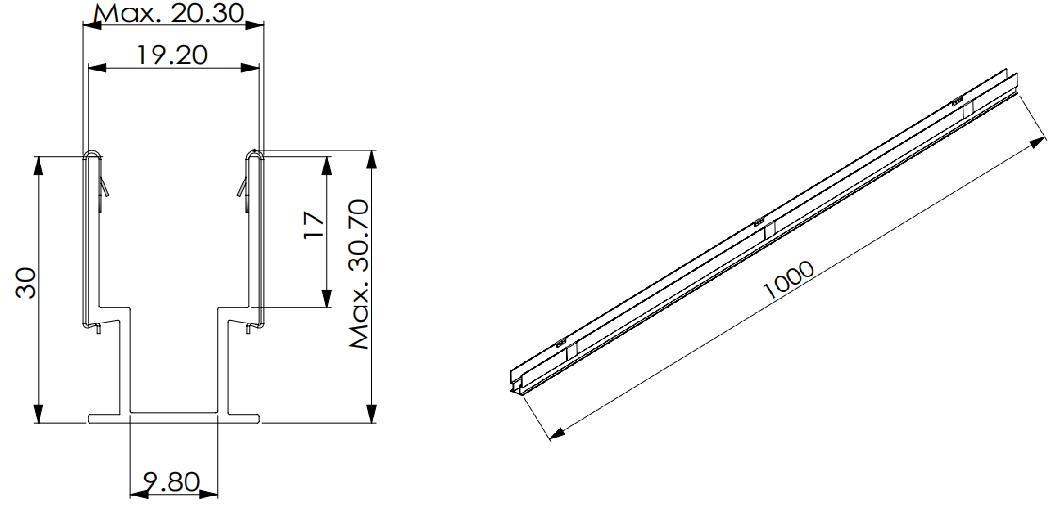 Type 3, פרופיל AL ליישום חיצוני (1pcs Al עם 10pcs Al with 10pcs Clips) קליפים)