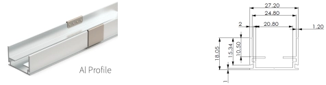 Type 2, פרופיל AL ליישום חיצוני (1 מטר לכל יחידה, ניתן לחתוך לאורך מסוים נדרש) 